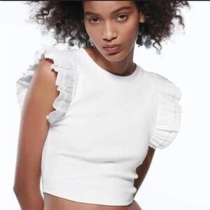 Zara White Ruffle Sleeve top size small